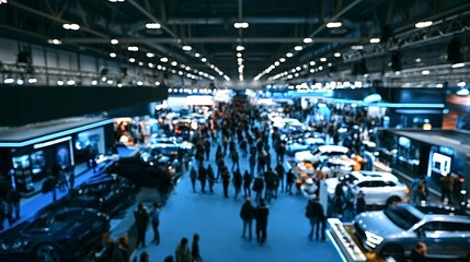 Naklejka na ściany i meble Crowds exploring new cars at busy auto show exhibition