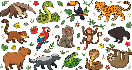 Fototapeta premium Set of Tropical Rainforest Animals and Jungle Wildlife Vector Illustrations Featuring Jaguar Sloth Capybara Toucan Monkey and Exotic Creatures for Children Education Nature Design Projects