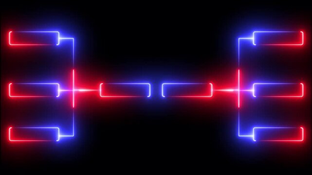 Neon tournament bracket motion with pulsing red and blue glowing lines for esports competition