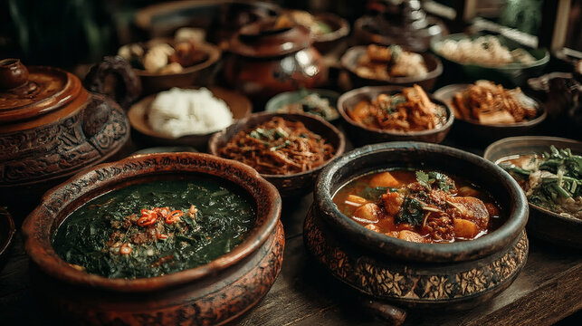 High angle top view of diverse traditional food items from multiple cultures on rustic wooden table, golden ratio layout, soft daylight from window