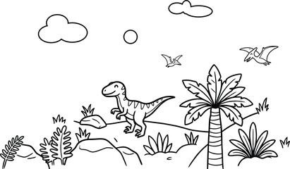 dinosaur and prehistoric landscape black and white line drawing © Mashiat Tanin Saz