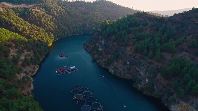 Drone shot of a scenic forest lake with fish farms, rocky cliffs and rowing boats moving through calm blue freshwater. Peaceful nature landscape with hills, trees and outdoor sport.