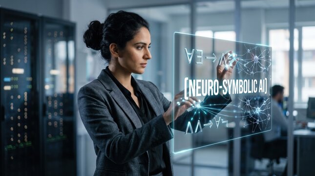 Innovative businesswoman interacting with a futuristic holographic display showing complex scientific formulas and the term Neuro-Symbolic AI