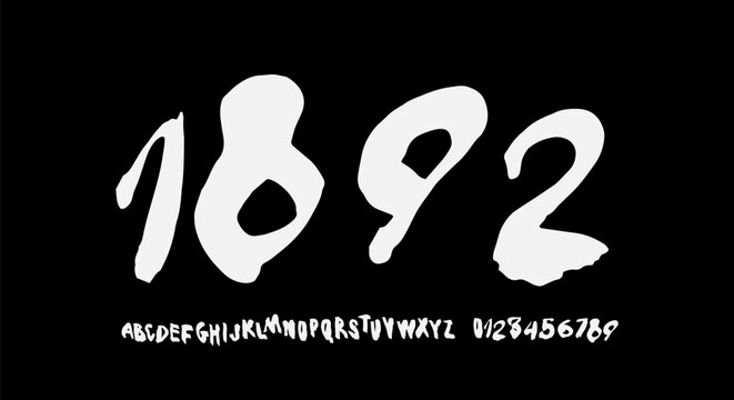 Handwritten brush sans serif font in grunge style. Letters and numbers for logo and t-shirt design. White print on black background