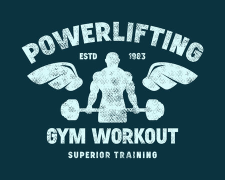 Emblem with powerlifter silhouette. Gym, workout, bodybuilding and athletic  theme. Graphic design with rough texture for t-shirt. Blue print on dark background