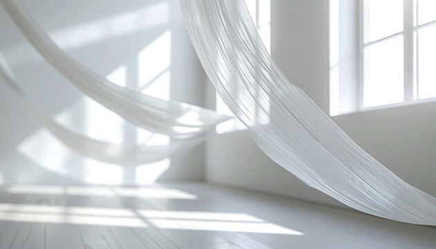 Sheer white fabric drapes gracefully in a sunlit room with large windows, creating a serene and airy atmosphere, light and shadow play on wooden floor