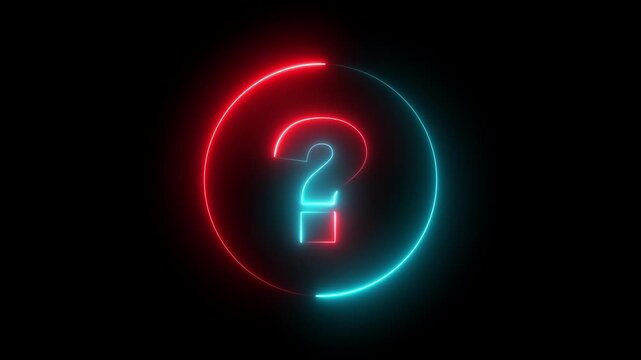 Neon question mark sign glowing with red and blue light on black background