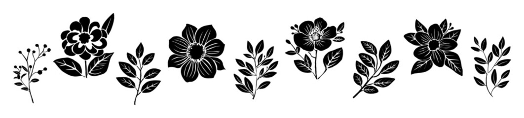 Silhouettes of blossoms and leaves in black and white. Delicate petals and varied leaf shapes create natural rhythm. Each plant form stands alone, uncluttered, minimalist design © Creative_Juice_Art