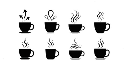 Fototapeta premium Set of eight black coffee cup icons with various stylized steam designs including arrows loops and wavy lines on a simple white background