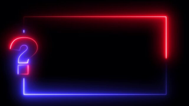 Neon glowing question mark frame with pulsing red and blue light border for digital presentation