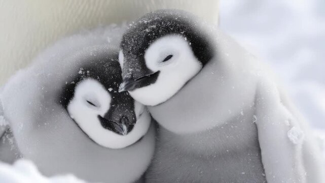 Two emperor penguin chicks huddling together in Antarctica, animal behavior, cute and adorable