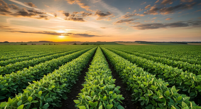 Vast green soybean field at sunset with rows of crops stretching to the horizon under a dramatic golden hour sky