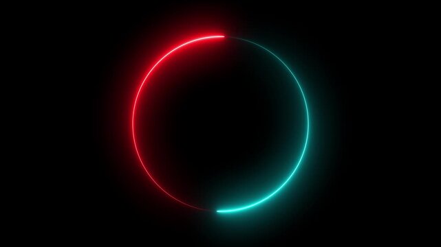 Neon glowing circle loading animation with red and cyan light trails on black background, ring