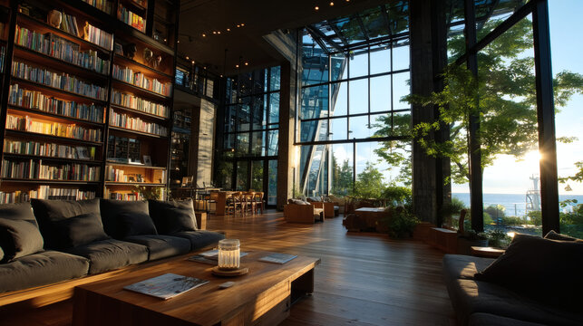Low angle view of library interior with books in multiple languages, golden ratio alignment of shelves, warm morning light filtering through tall windows
