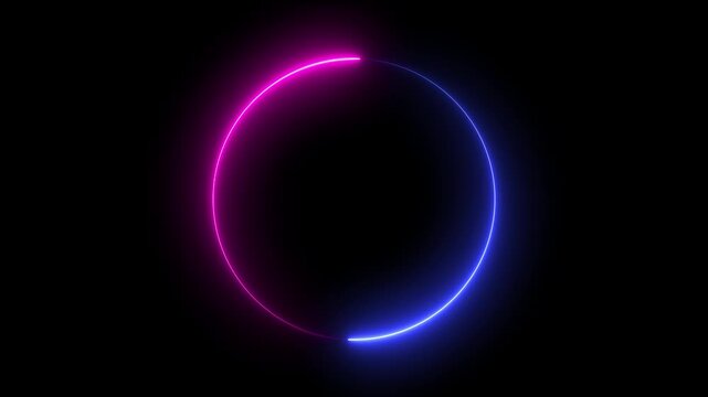Neon glowing circle loading animation with pink and blue light trails on black background, ring