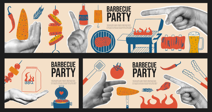 Collage set of barbecue party banners. Vintage halftone hands, doodle grill station, meat, skewers, corn and beer. Summer picnic template design