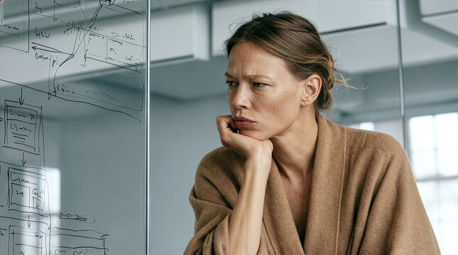 uropean woman UX strategist analyzing user journey map on glass wall in modern office. Camel cashmere cardigan, thoughtful expression. User experience research, customer journey, women in tech.