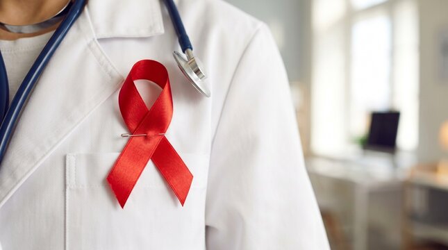 Close-up of doctor wearing red awareness ribbon on white coat for HIV and AIDS support