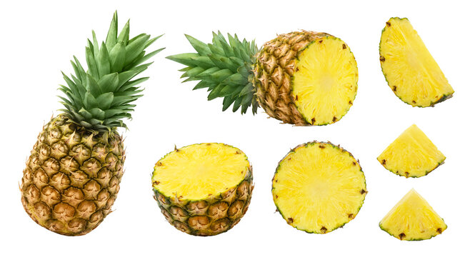 Ripe pineapple and pineapple slices isolated collection. Whole pineapple, half of pineapple and slice of ananas isolate.