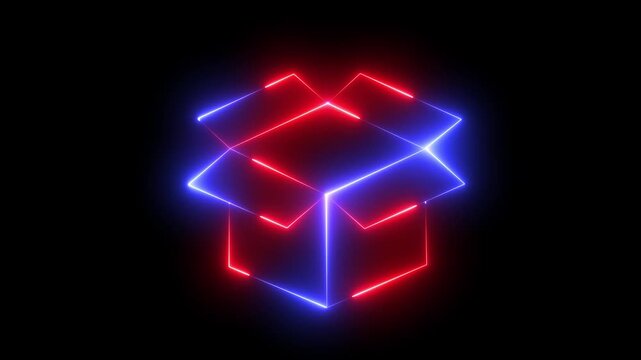 Neon glowing open box animation with red and blue light trails on black background, container package