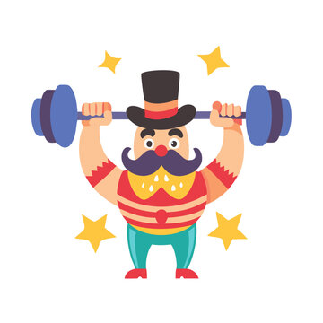 A cartoon strongman with a mustache lifting weights