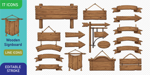 Fototapeta premium Assorted set of seventeen rustic wooden signboards, hanging banners, and directional arrows. These vintage timber elements with ropes and chains are perfect for outdoor signage and creative design.