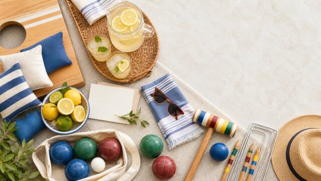 Lawn games setup on a summer backyard with bocce balls and lemonade, ideal for background