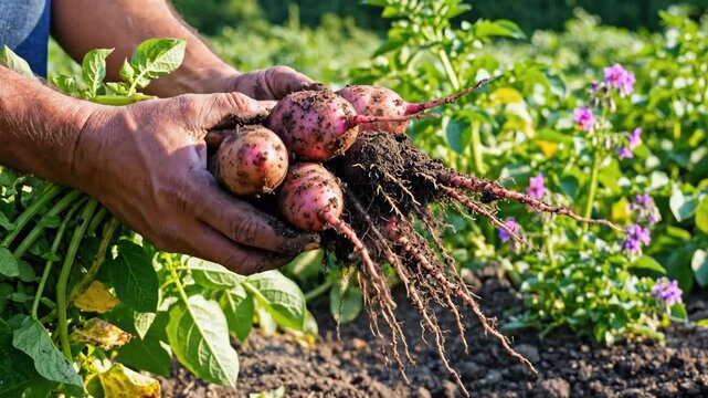 Farmer holding freshly harvested potatoes with roots and soil still attached, showcasing organic produce.
