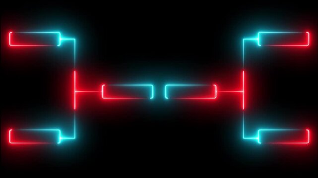 Neon tournament bracket animation with glowing red and blue cyberpunk light lines competition