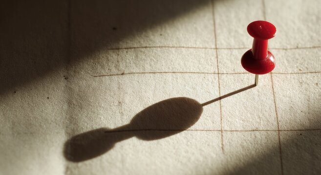 A bright red pin casts a long shadow across a grid of paper