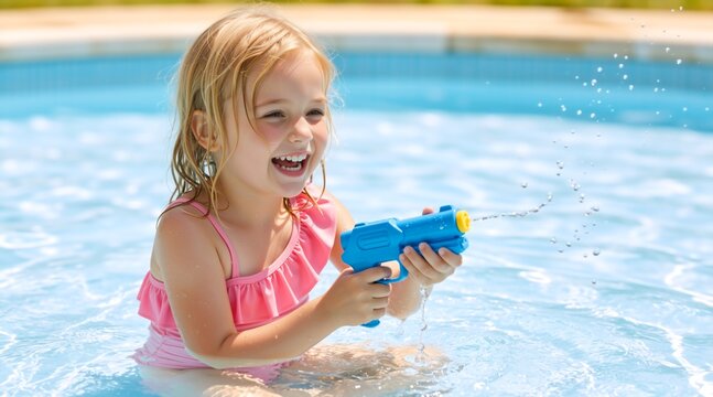 Laughing girl playing with a blue water gun in a swimming pool. Child in pink swimsuit shooting water toy. Summer vacation and outdoor fun concept