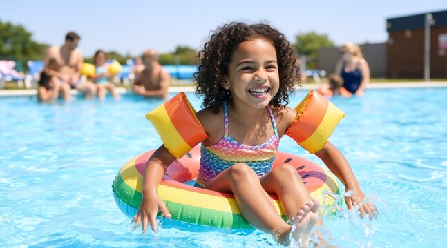 Laughing girl with curly hair in swimming pool with watermelon inflatable ring. Child wearing orange arm floaties and colorful swimsuit. Summer pool fun and water safety concept