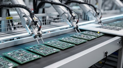 Robotic arms assembling complex electronic circuit boards on a manufacturing line