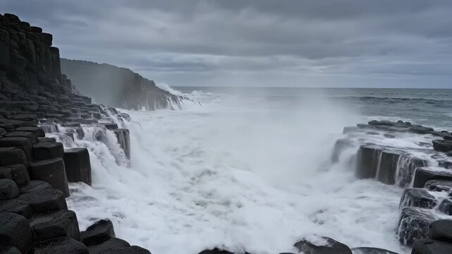Dramatic Ocean Waves Crashing Against Giants Causeway Hexagonal Rocks.