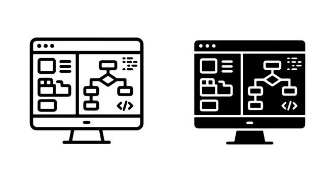 Coding Workflow Icons, Computer Screen Flowchart, Software Development Process, Algorithm Design