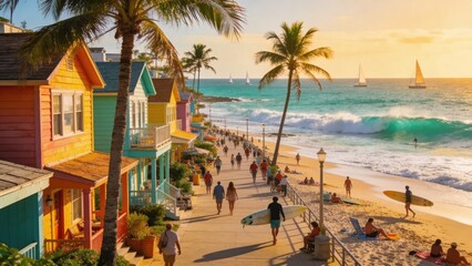 Fototapeta premium Tropical Beachfront Boardwalk with Colorful Houses and Surfers at Sunset