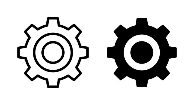 Two Gear Icons, Outline and Solid Fill, Mechanical Engineering Symbols, Industrial Machine Parts