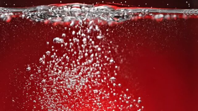 Close up of red liquid with rising bubbles and surface tension.