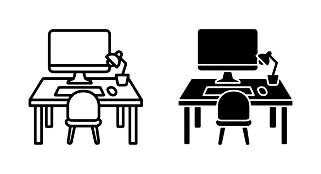 Modern Office Desk Setup Icons, Computer Workstation, Minimalist Home Office Design, Vector Graphics