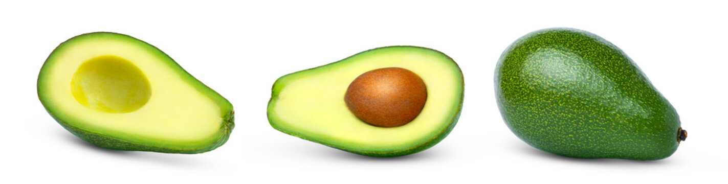 Whole and halved avocado isolated collection. Half of green avocado with seed and without seed.