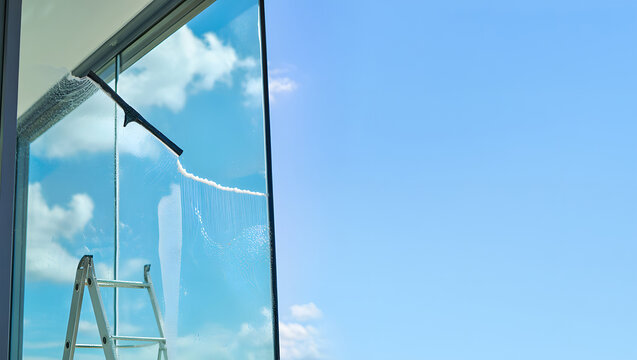 Window Cleaning Squeegee Wiping Soapy Suds on Glass with Blue Sky Reflection