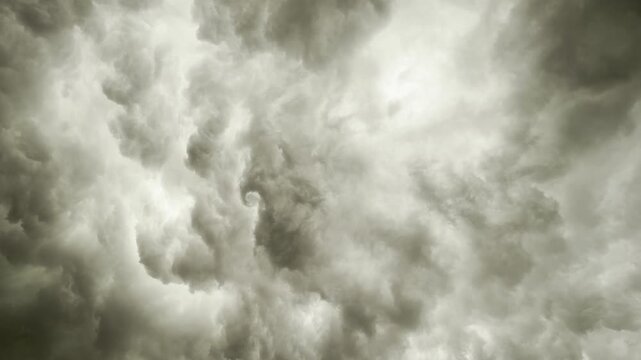 Stormy Sky Filled With Heavy Cumulus Clouds. Ominous Atmosphere Before Rain. Extreme Climate Condition