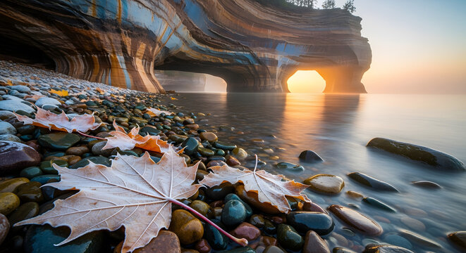 Pictured rocks national lakeshore at sunrise with frosted maple leaves on a rocky beach, lake superior, michigan