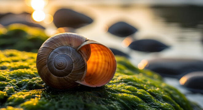 A beautiful snail shell resting on a mossy rock by the water at sunset, capturing the warm golden hour light reflecting through the shells opening