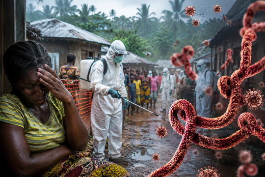 Village during Ebola virus outbreak with healthcare workers in protective suits and infected population. Pandemic response and hemorrhagic fever