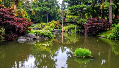 Obraz premium Lush Japanese Garden Reflecting in Calm Pond with Wooden Bridge