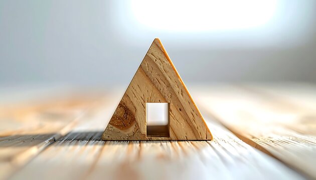 Small wooden triangular house shape with a doorway cutout, representing shelter and home on a textured wooden surface with soft background lighting