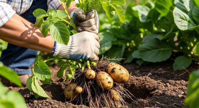 A person pulling a perfect, dirt-covered potato plant from their home garden.