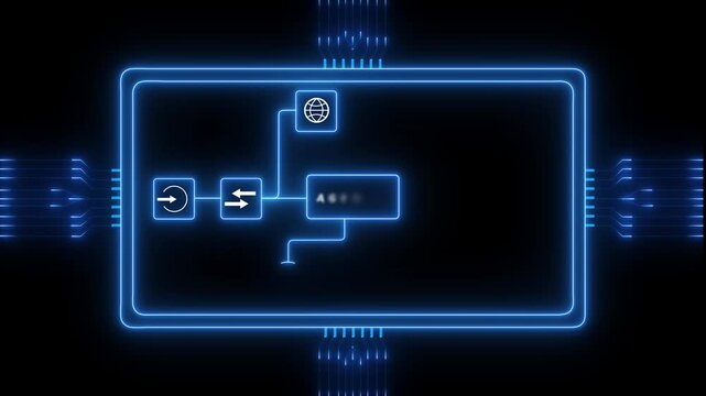 Agentic AI Network Interface with Connected Web, Phone and Location Icons in Neon Circuit Panel, Futuristic HUD Motion Background