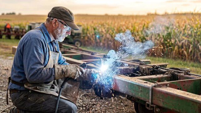 Slow motion handheld tracking pan of farmer welding on farm implement beside cornfield at sunset golden hour in rural field outdoors